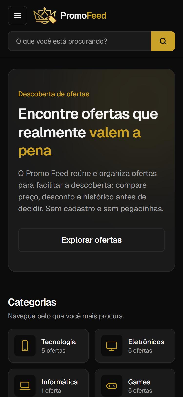 Tela inicial do Promo Feed em versão mobile